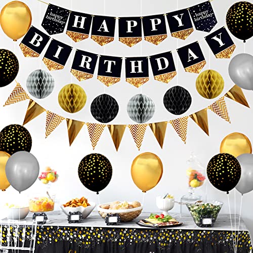 Black and Gold Birthday Party Decorations with Happy Birthday Banner, Gold Black Balloons, Birthday Tablecloth, Foil Fringe Curtains, Honeycomb Balls, Birthday Decor for Men Women