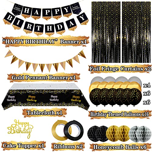 Black and Gold Birthday Party Decorations with Happy Birthday Banner, Gold Black Balloons, Birthday Tablecloth, Foil Fringe Curtains, Honeycomb Balls, Birthday Decor for Men Women