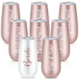 Bridesmaid Wine Tumblers Set of 8, Bride Champagne Flute Maid of Honor Bride Mugs, 6 oz Stainless Steel Bridesmaid Proposal Gifts for Engagement Wedding Bachelorette Party Supplies (Rose Gold)