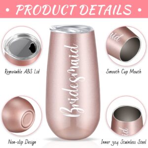 Bridesmaid Wine Tumblers Set of 8, Bride Champagne Flute Maid of Honor Bride Mugs, 6 oz Stainless Steel Bridesmaid Proposal Gifts for Engagement Wedding Bachelorette Party Supplies (Rose Gold)