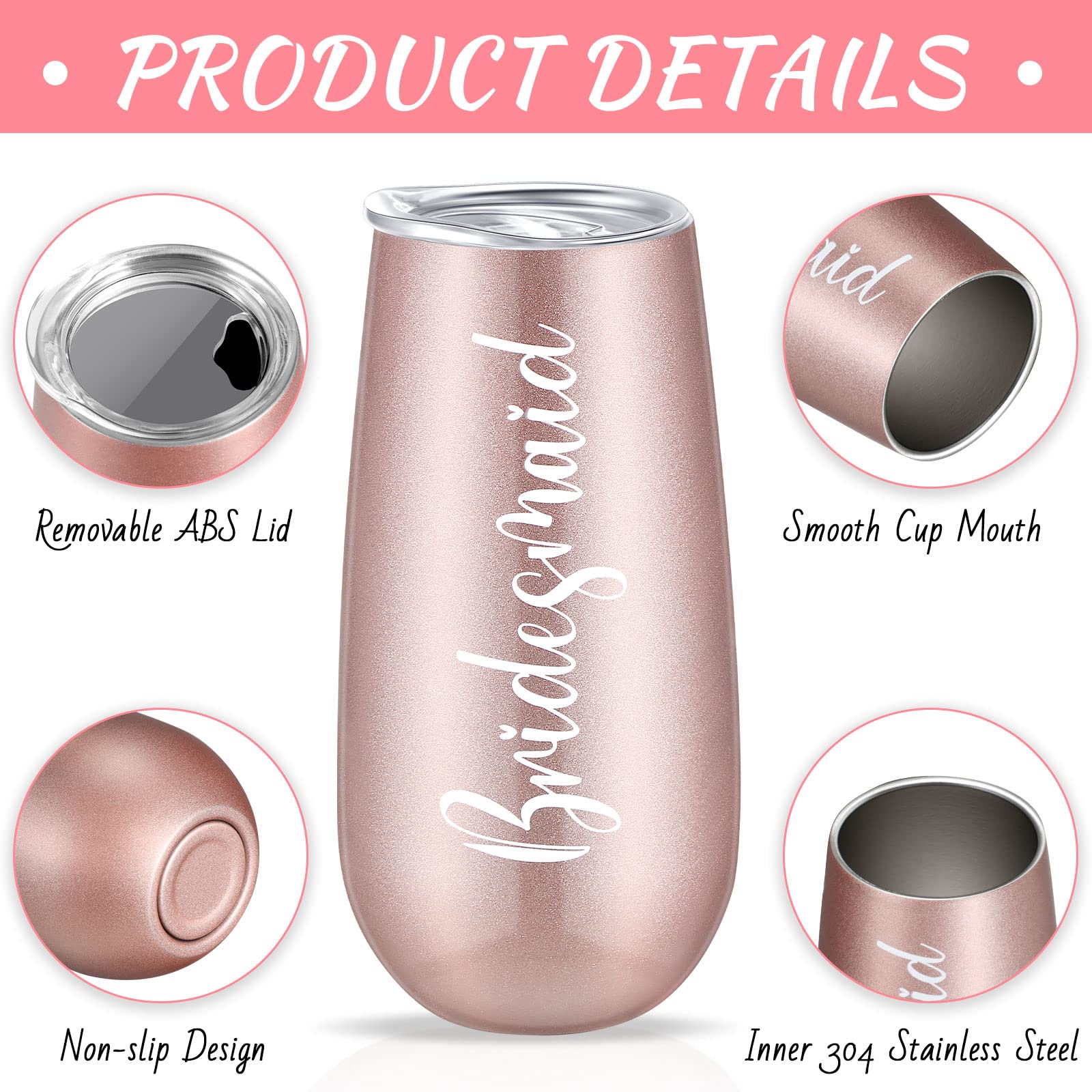Bridesmaid Wine Tumblers Set of 8, Bride Champagne Flute Maid of Honor Bride Mugs, 6 oz Stainless Steel Bridesmaid Proposal Gifts for Engagement Wedding Bachelorette Party Supplies (Rose Gold)