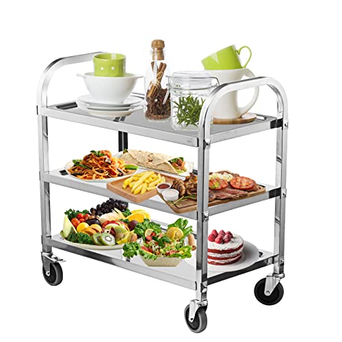 HLC Upgrade 3 Tier Heavy Duty Commercial Grade Utility Cart Kitchen Trolley Serving Cart with Wheels Stainless Steel Rolling Cart Storage Shelf for Hotel Restaurant Bar Home Use L30 x W16 x H33 Inch