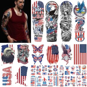 aresvns independence day temporary tattoo 32 sheets,usa flag sleeve tattoo,red white and blue party supplies, 4th of july, memorial day, labor day decorations patriotic tattoos