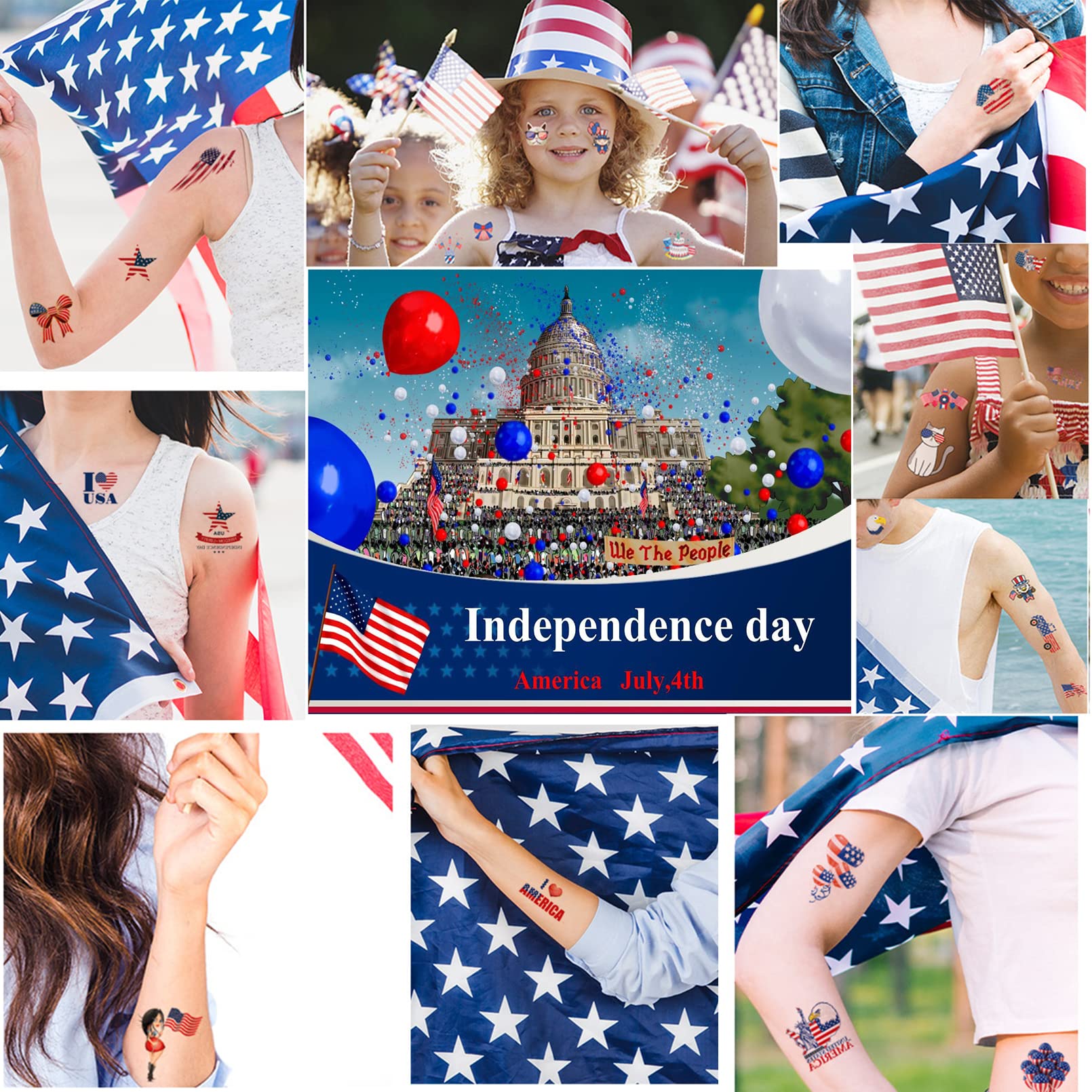 Aresvns Independence Day Temporary Tattoo 32 Sheets,USA Flag Sleeve Tattoo,Red White and Blue Party Supplies, 4th of July, Memorial Day, Labor Day Decorations Patriotic Tattoos