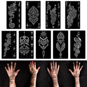 henna tattoo stencils kit,reusable henna stencils for hand forearm glitter airbrush diy tattooing template, indian temporary tattoo stickers for women girls（8.2" x 4.7"）