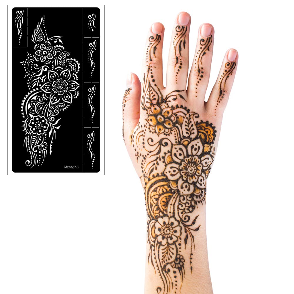 Henna tattoo stencils kit,Reusable henna stencils for Hand Forearm Glitter Airbrush Diy Tattooing Template, Indian Temporary Tattoo Stickers for Women Girls（8.2" x 4.7"）