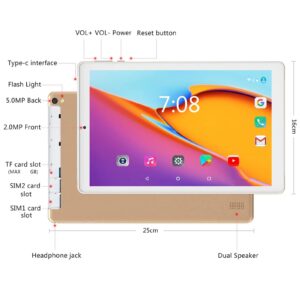 YOTOPT 10 Inch Android Phone Tablets, Dual Sim Card Slot, 32GB ROM, 256GB Expand, Quad Core, WiFi, Bluetooth, GPS, FM, Dual Camera, IPS HD Touch Screen, Support 3G Phone Call Tableta (Gold)