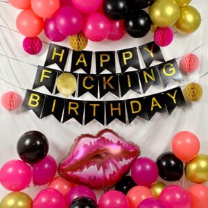 Birthday Decorations for Women Hot Pink Black and Gold, Happy Birthday Banner Black Gold Hot Pink Balloons Kit, Honeycomb Balls Party Supplies, Red Lips Balloon, Funny Birthday Decor Office Her