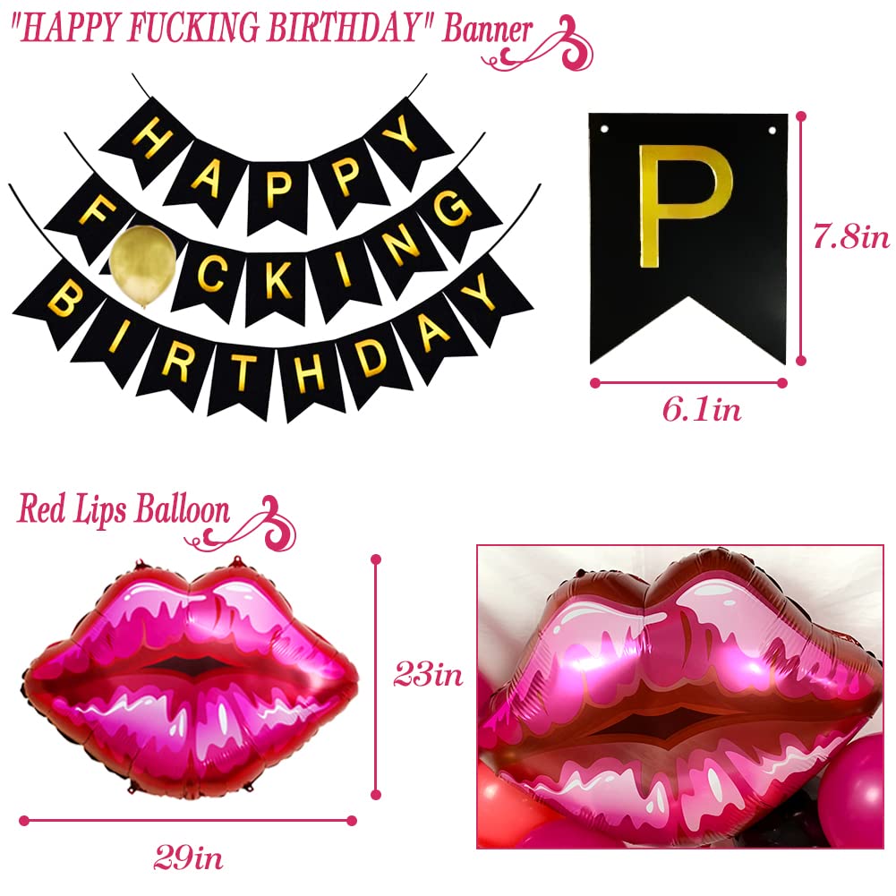 Birthday Decorations for Women Hot Pink Black and Gold, Happy Birthday Banner Black Gold Hot Pink Balloons Kit, Honeycomb Balls Party Supplies, Red Lips Balloon, Funny Birthday Decor Office Her