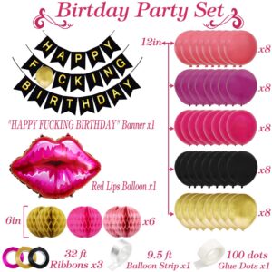 Birthday Decorations for Women Hot Pink Black and Gold, Happy Birthday Banner Black Gold Hot Pink Balloons Kit, Honeycomb Balls Party Supplies, Red Lips Balloon, Funny Birthday Decor Office Her