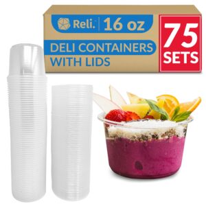 reli. deli containers with lids (75 sets), 16 oz | plastic deli containers with lids 16oz | clear soup containers with lids, disposable | to go food storage containers | microwave & freezer safe