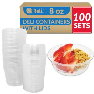 reli. deli containers with lids (100 sets bulk), 8 oz | plastic deli containers with lids 8oz | clear soup containers with lids, disposable | to go food storage containers | microwave & freezer safe