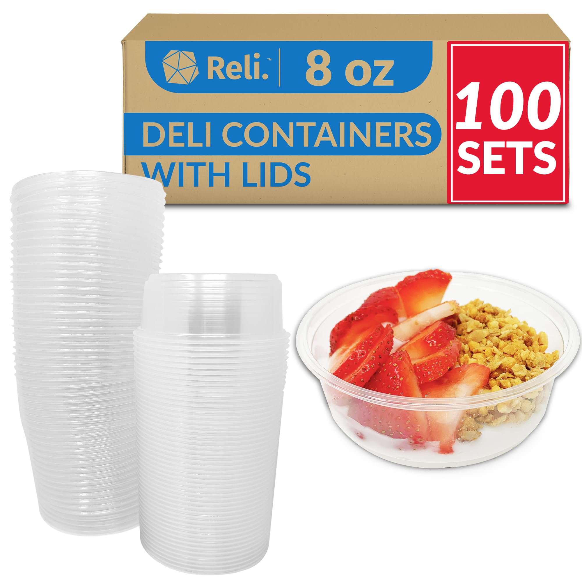 Reli. Deli Containers with Lids (100 Sets Bulk), 8 oz | Plastic Deli Containers with Lids 8oz | Clear Soup Containers with Lids, Disposable | To Go Food Storage Containers | Microwave & Freezer Safe