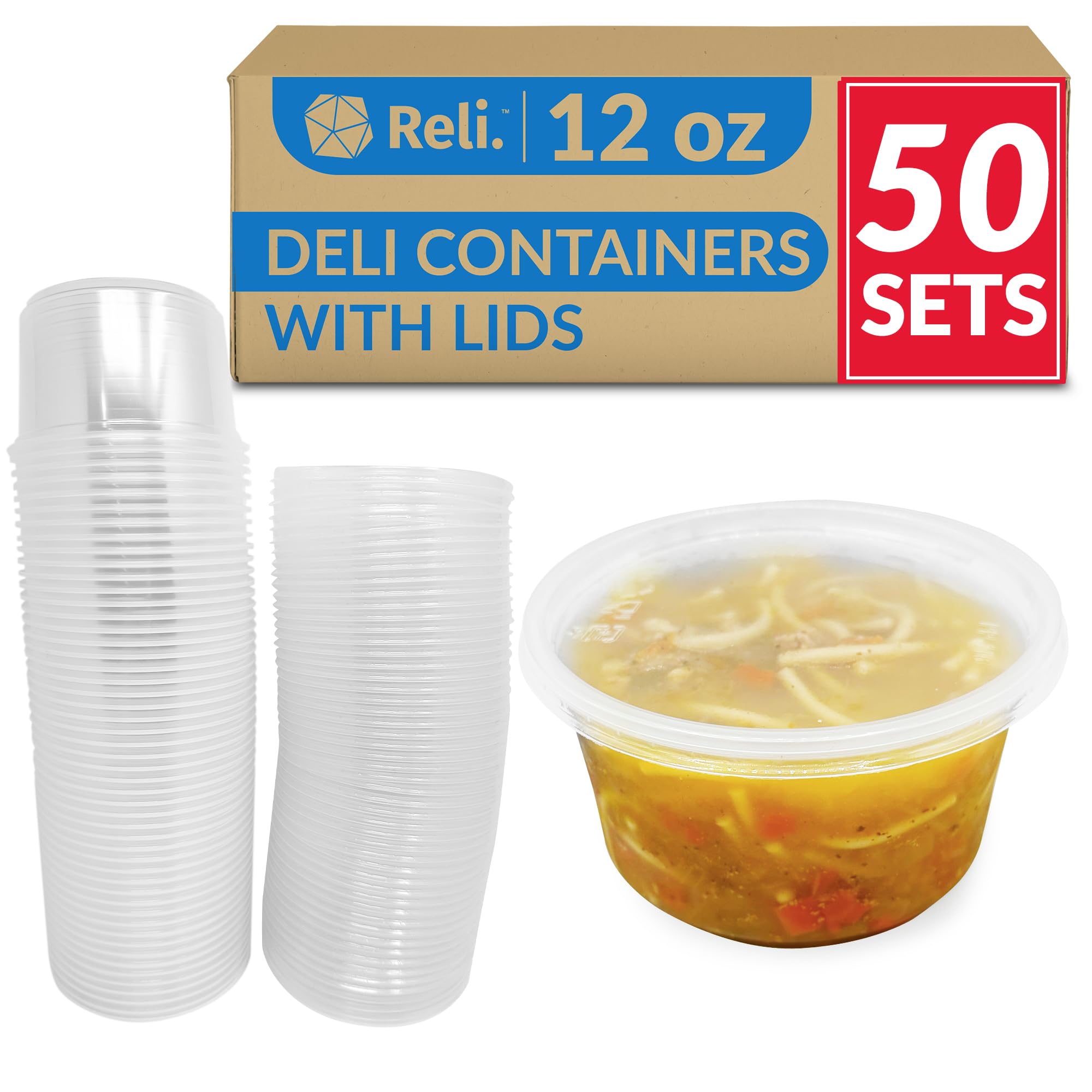 Reli. Deli Containers with Lids (50 Sets), 12 oz | Plastic Deli Containers with Lids 12oz | Clear Soup Containers with Lids, Disposable | To Go Food Storage Containers for Deli, Food, Soup (12 ounce)