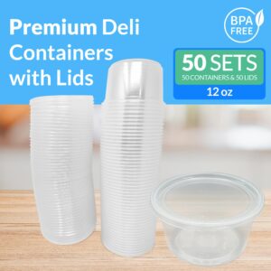 Reli. Deli Containers with Lids (50 Sets), 12 oz | Plastic Deli Containers with Lids 12oz | Clear Soup Containers with Lids, Disposable | To Go Food Storage Containers for Deli, Food, Soup (12 ounce)