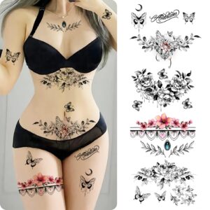 ROARHOWL sexy temporary tattoos for women,sexy tattoo kit, beautiful and exquisite,3D realistic flowers, butterflies, abdomen, chest, waist and back apply false tattoos for girl (Design 3)