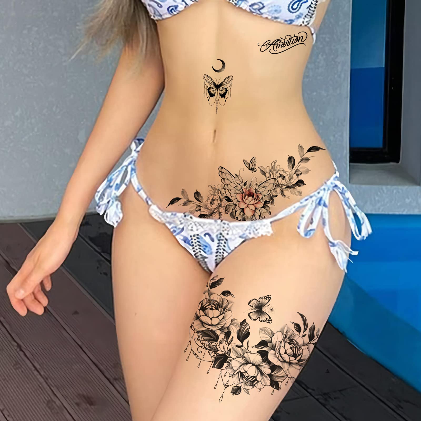 ROARHOWL sexy temporary tattoos for women,sexy tattoo kit, beautiful and exquisite,3D realistic flowers, butterflies, abdomen, chest, waist and back apply false tattoos for girl (Design 3)