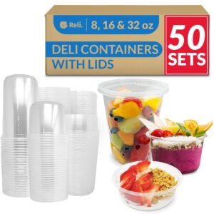 reli. deli containers with lids (50 sets total) | variety pack - 8 oz (20 sets), 16 oz (20 sets), 32 oz (10 sets) | plastic soup containers with lids | clear food storage containers 8oz, 16oz, 32oz
