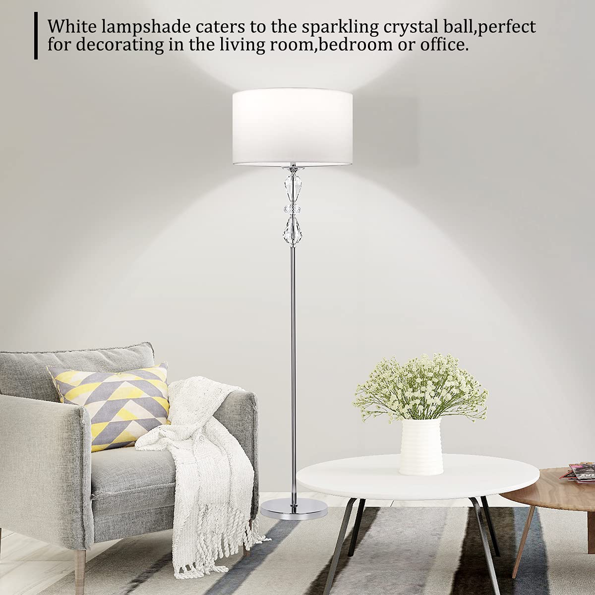 Dott Arts Floor Lamp for Living Room, Modern Standing Lamp with Dimmer, Crystal Reading Floor Lamp Silver Corner Light for Bedroom, Bright 8W Bulb Included