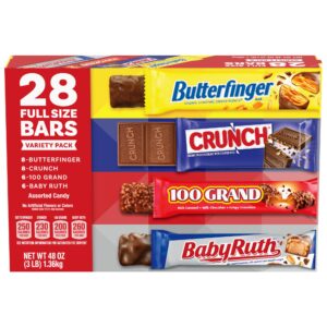 butterfinger, crunch, baby ruth and 100 grand, bulk 28 pack, assorted full size chocolate candy bars, 48 oz