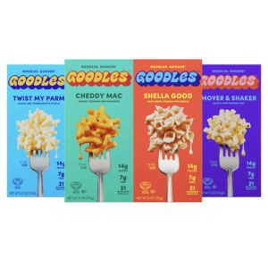 goodles mac & cheese assortment 4 pack, 6oz - 14g protein, 6g fiber with prebiotics, 21 plant-based nutrients and made w/real cheese! | clean label certified