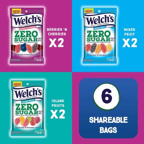 Welch’s Fruit Snacks, Zero Sugar Mixed Fruit, Berries 'N Cherries & Island Fruit, Perfect for School Lunches, Variety Case, 3 oz (Pack of 6)