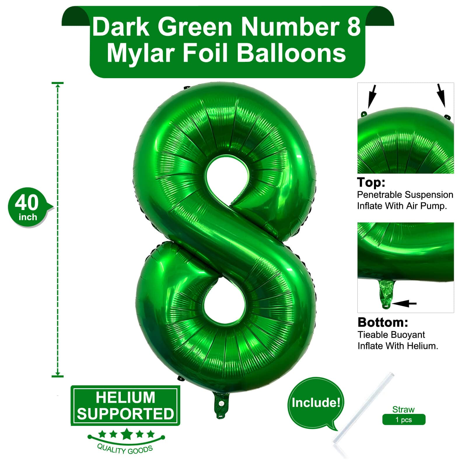 40 Inch Dark Green Number 8 Balloon Large Size Giant Jumbo Digit Mylar Foil Helium Dark Green Balloons for Birthday Party Celebration Decorations Graduations Anniversary Baby Shower Photo Shoot