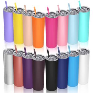 16 packs skinny tumblers with straws and lids, 20 oz stainless steel slim tumblers double wall vacuum insulated coffee cups solid color thin travel mug for hot cold drink, 16 colors