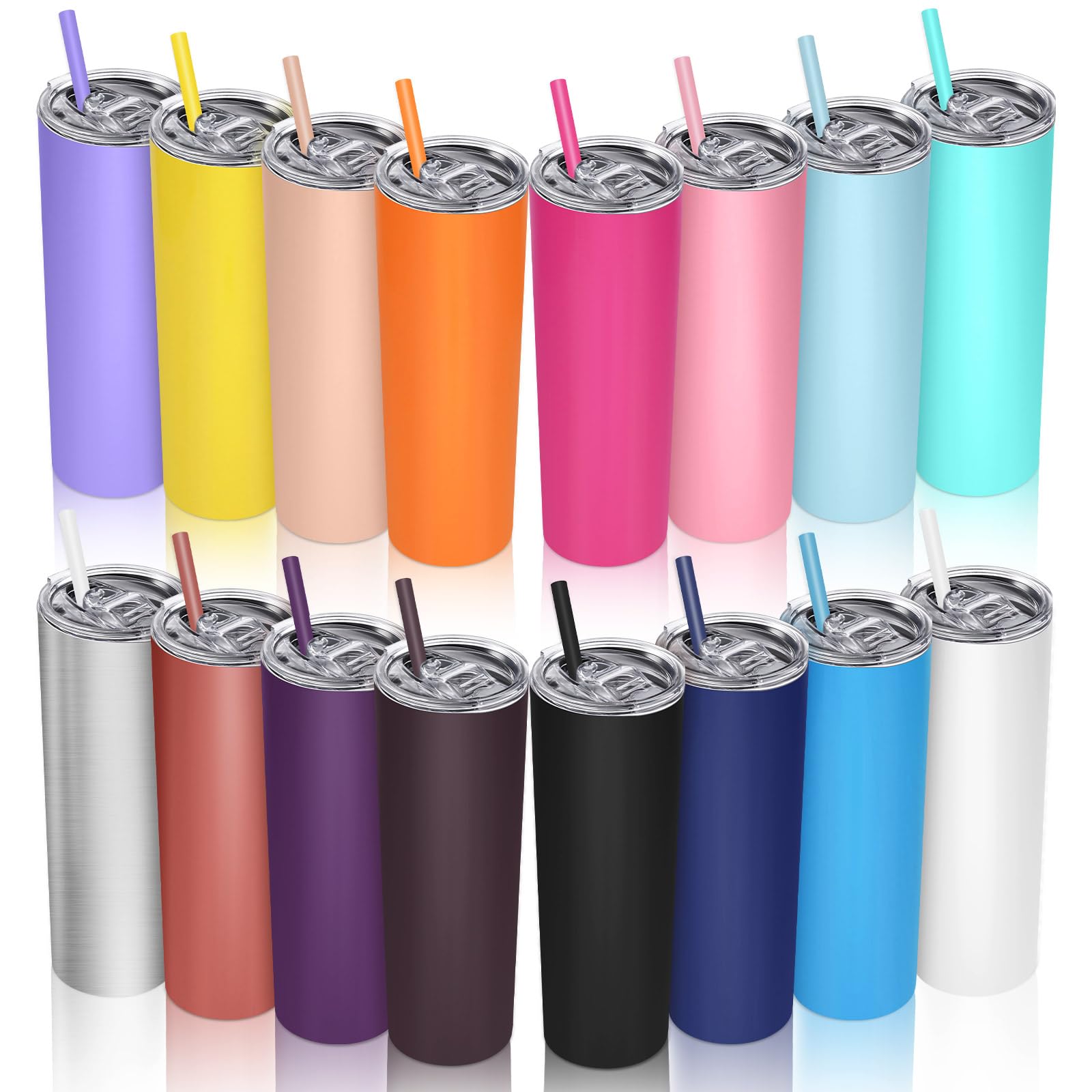 16 Packs Skinny Tumblers with Straws and Lids, 20 oz Stainless Steel Slim Tumblers Double Wall Vacuum Insulated Coffee Cups Solid Color Thin Travel Mug for Hot Cold Drink, 16 Colors