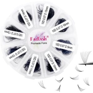 1000 mixed volume eyelash extensions tray - 10d premade fans, d curl lash fans, pointed handmade loose thin base fans (10d-0.07d, 9-16mm)