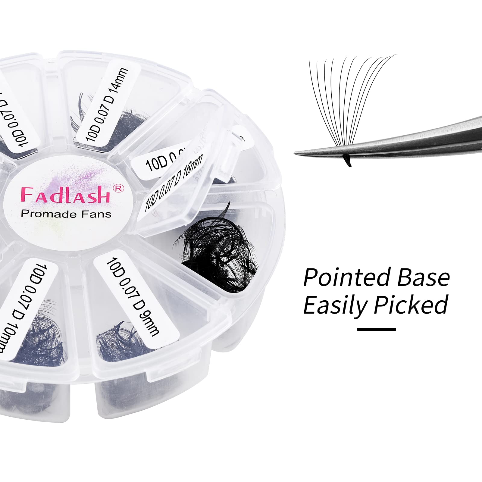 1000 Mixed Volume Eyelash Extensions Tray - 10D Premade Fans, D Curl Lash Fans, Pointed Handmade Loose Thin Base Fans (10D-0.07D, 9-16mm)