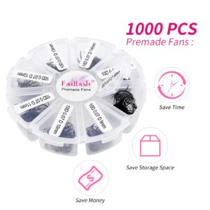 1000 Mixed Volume Eyelash Extensions Tray - 10D Premade Fans, D Curl Lash Fans, Pointed Handmade Loose Thin Base Fans (10D-0.07D, 9-16mm)