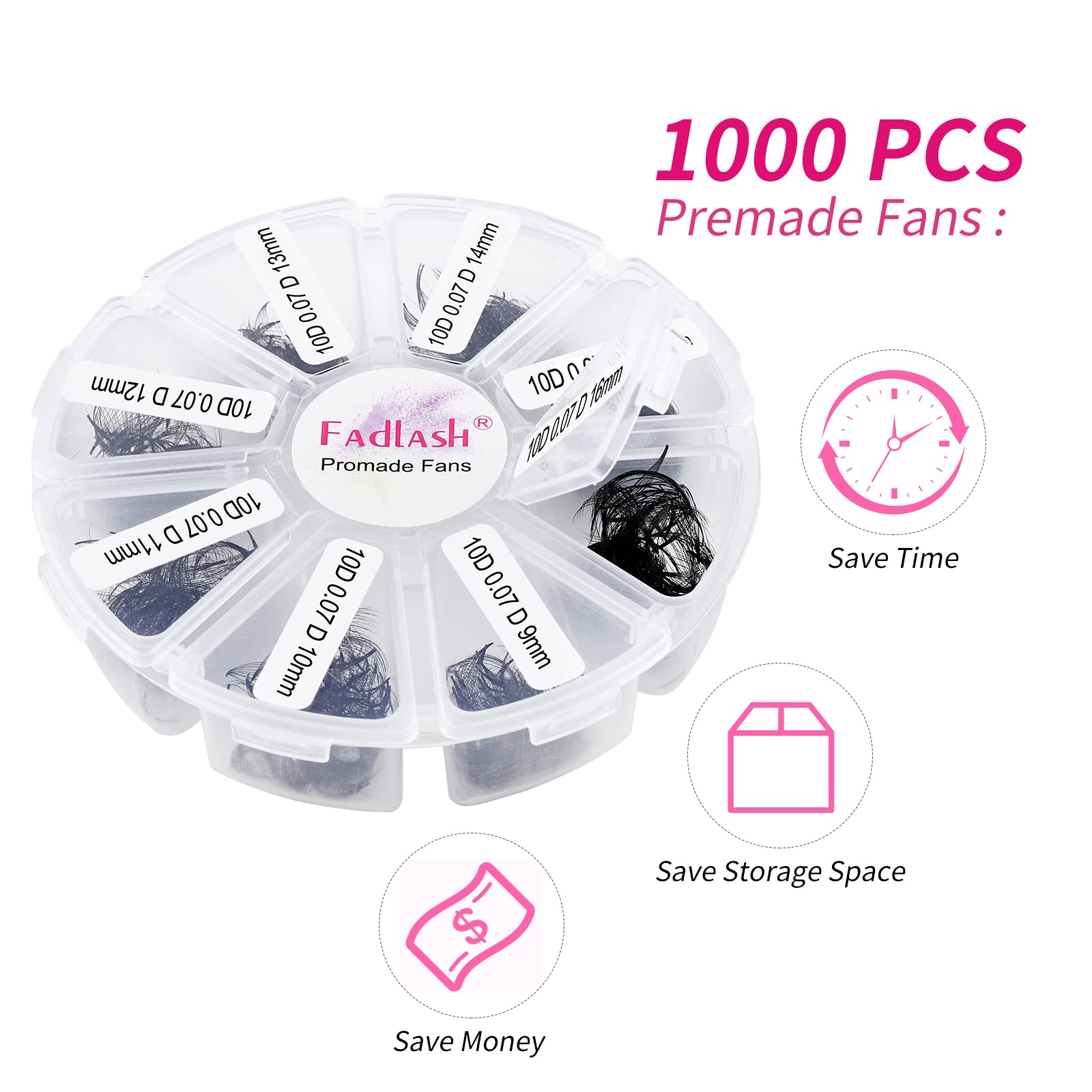 1000 Mixed Volume Eyelash Extensions Tray - 10D Premade Fans, D Curl Lash Fans, Pointed Handmade Loose Thin Base Fans (10D-0.07D, 9-16mm)