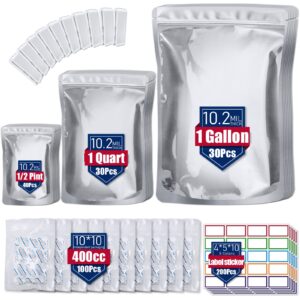 100 pack 10.2 mil mylar bags for food storage with oxygen absorbers 400cc (10 x 10 packs) and 200 pcs color labels - 10”*14” / 6”* 9” / 4.3”*6.3” resealable zipper mylar bag for long term food storage