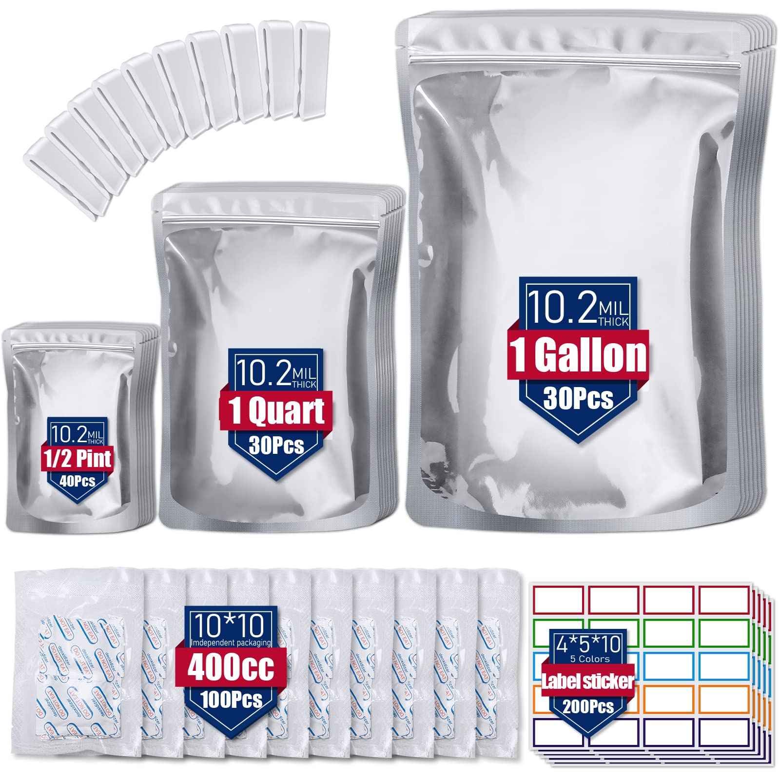 100 Pack 10.2 Mil Mylar Bags for Food Storage with Oxygen Absorbers 400cc (10 x 10 Packs) and 200 Pcs Color Labels - 10”*14” / 6”* 9” / 4.3”*6.3” Resealable Zipper Mylar Bag for Long Term Food Storage