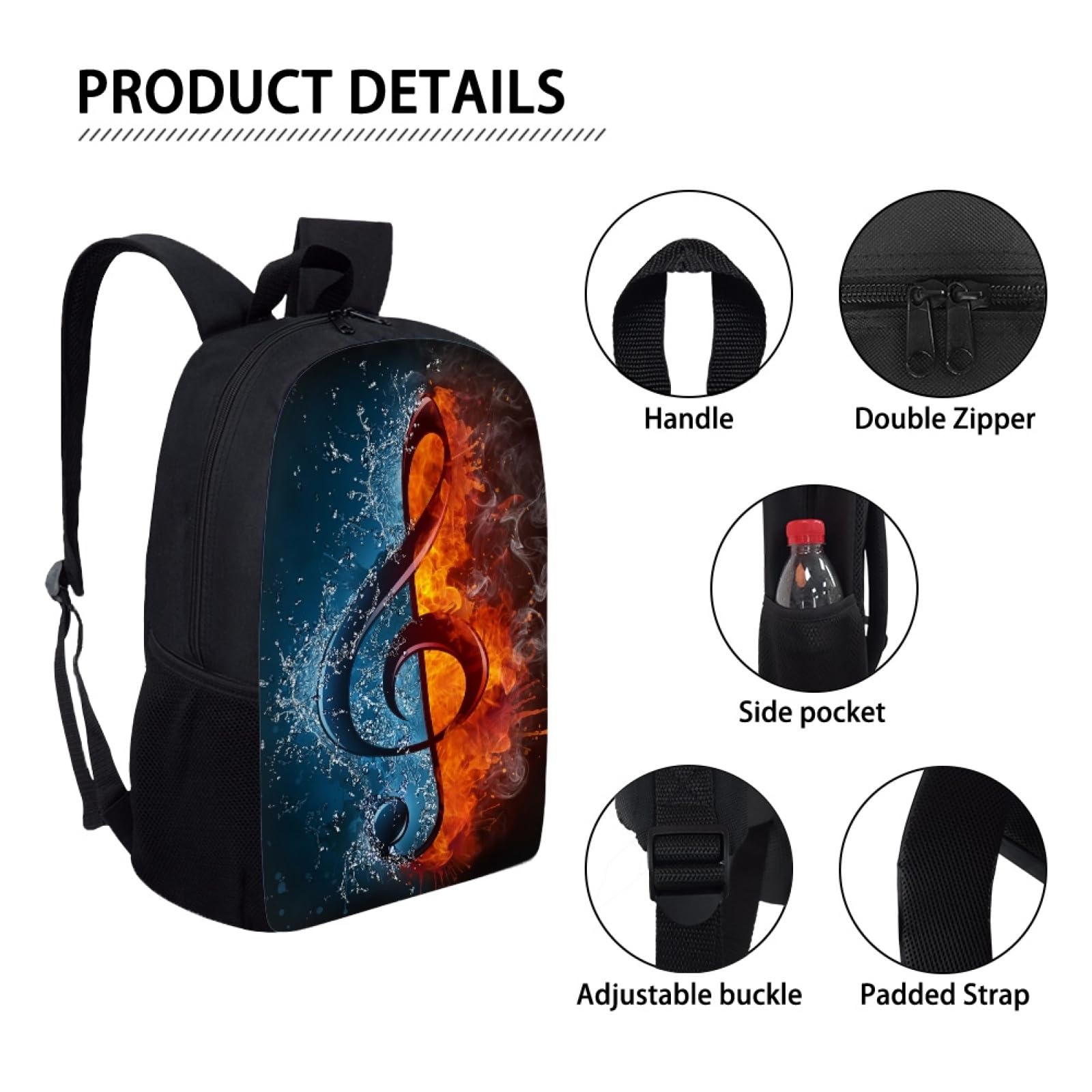 Mumeson Music Note Print Backpack Water Resistant School Bag Outdoor Casual Rucksack School Bag and Lightweight Lunch Bags Portable Pencil Case Back to School Supplies