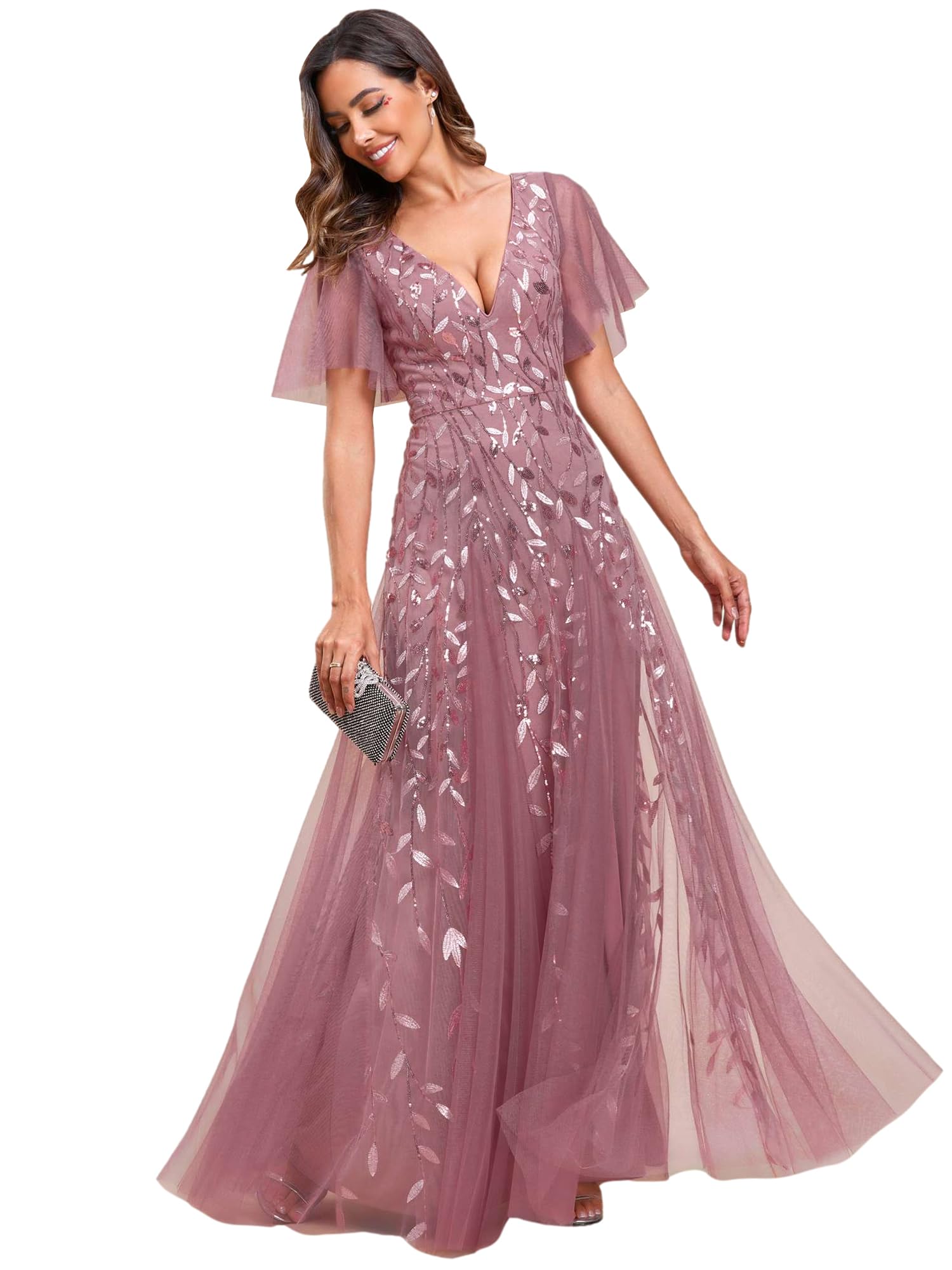 Ever-Pretty Women's Sequin Sparkly V-Neck Short Sleeve Maxi Evening Dress Prom Gowns Orchid US12