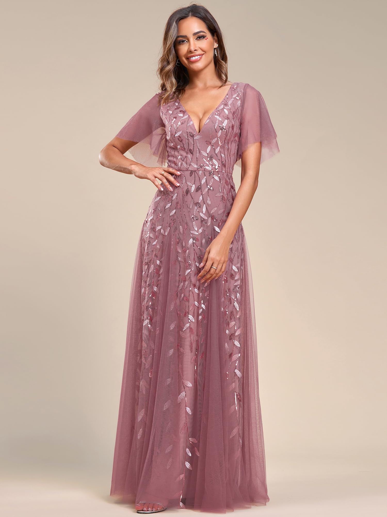 Ever-Pretty Women's Sequin Sparkly V-Neck Short Sleeve Maxi Evening Dress Prom Gowns Orchid US12