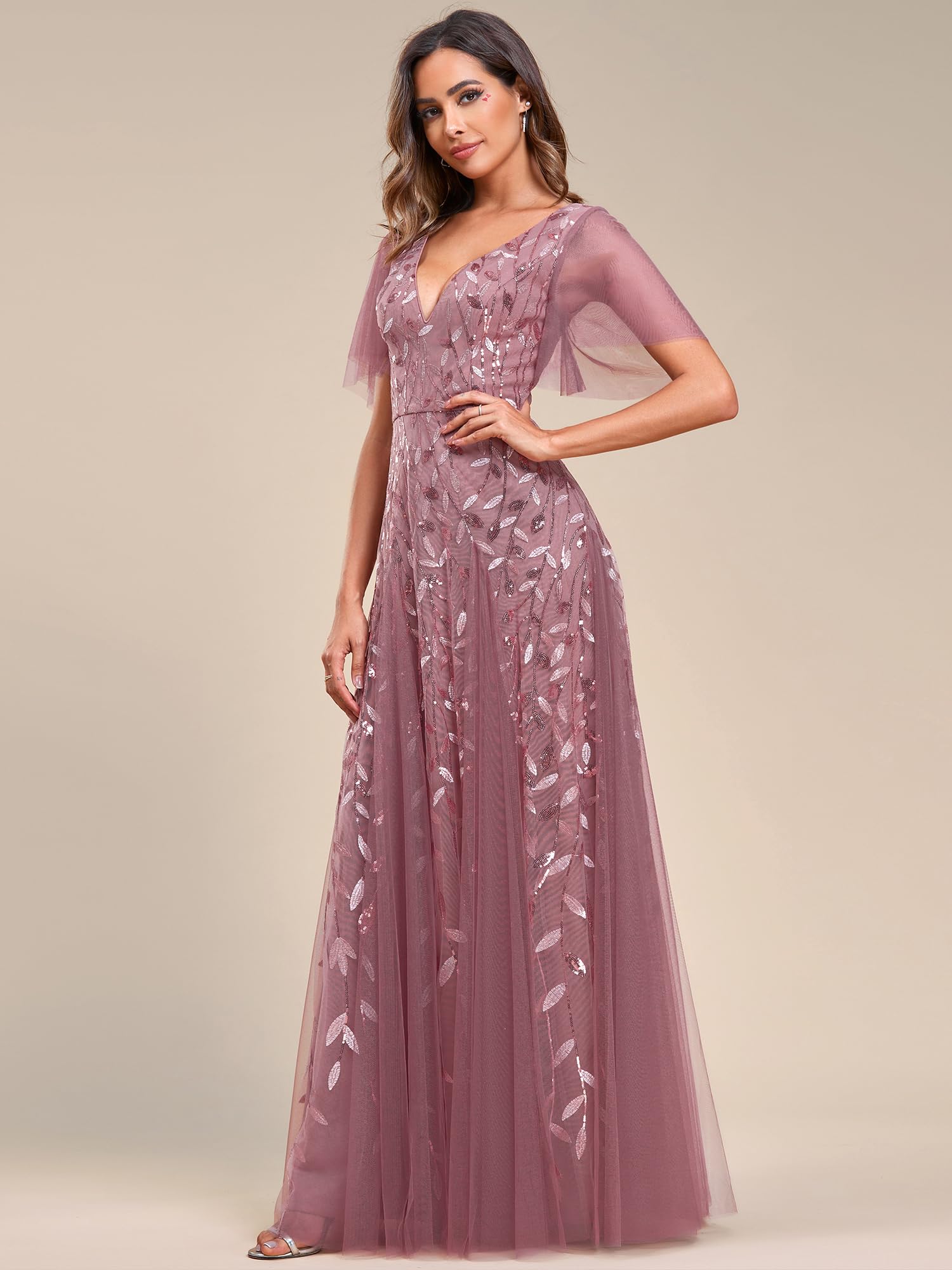 Ever-Pretty Women's Sequin Sparkly V-Neck Short Sleeve Maxi Evening Dress Prom Gowns Orchid US12