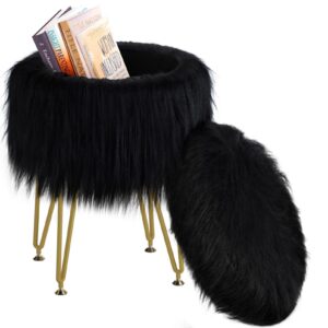 runlexi vanity stool chair with storage, faux fur makeup room seat stool, soft padded seat, round footrest footstools with 4 metal legs & adjustable footings, vanity, bathroom, bedroom chairs black