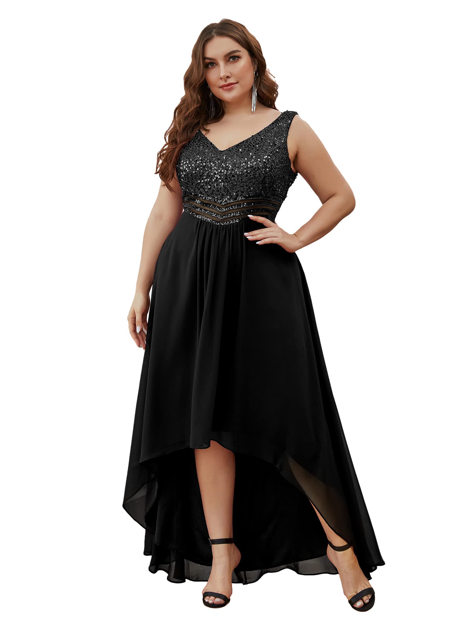 Ever-Pretty Plus Womens Plus Size Sequin V Neck Empire Waist High Low Bridesmaid Dresses Black US20