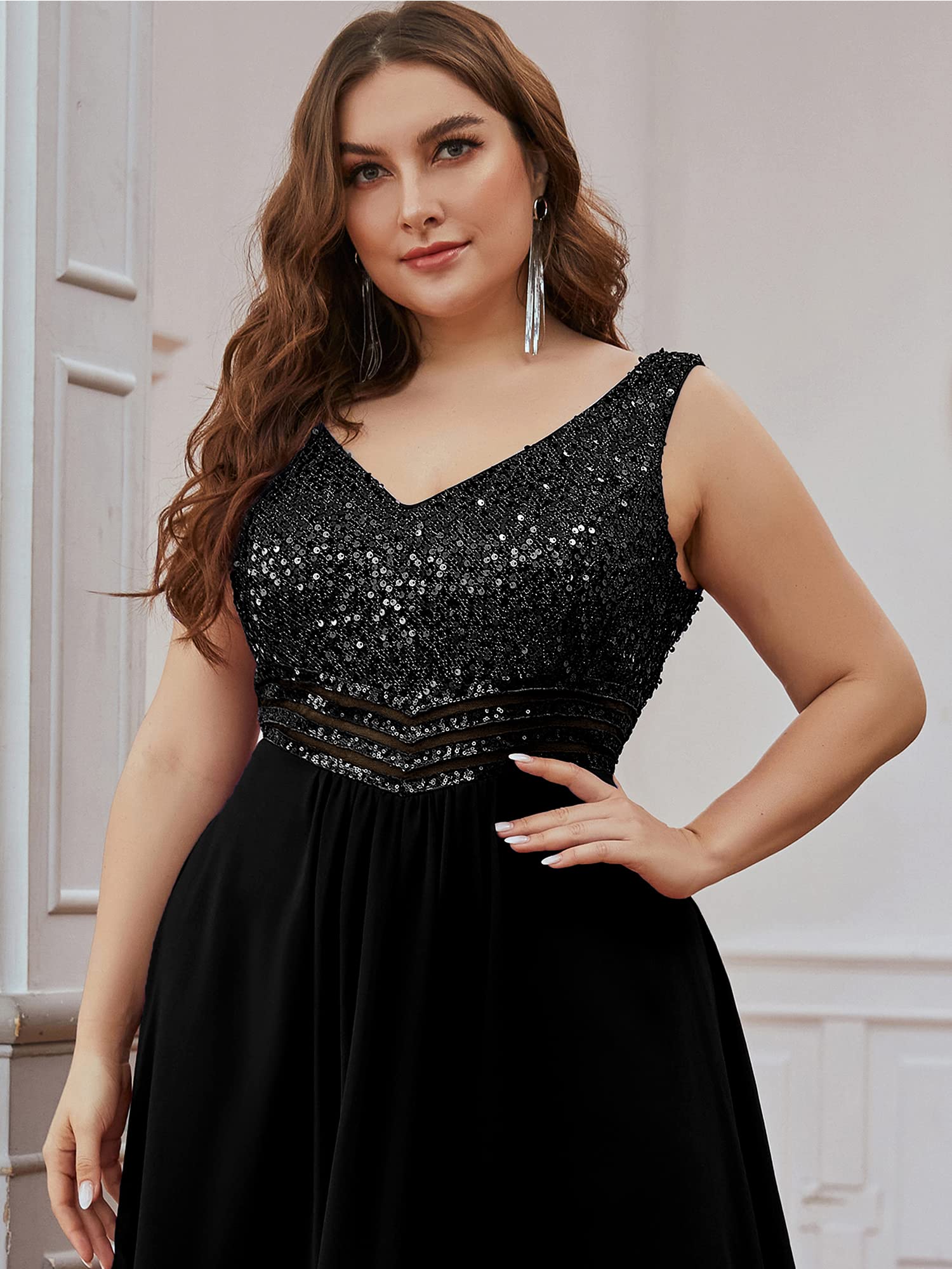 Ever-Pretty Plus Womens Plus Size Sequin V Neck Empire Waist High Low Bridesmaid Dresses Black US20