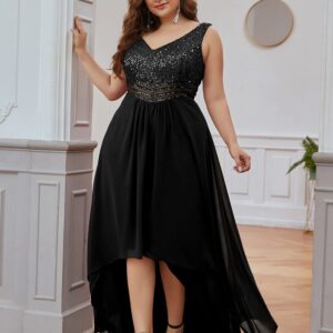 Ever-Pretty Plus Womens Plus Size Sequin V Neck Empire Waist High Low Bridesmaid Dresses Black US20