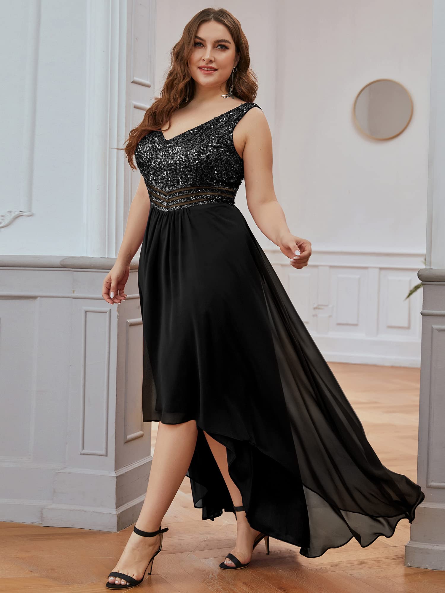 Ever-Pretty Plus Womens Plus Size Sequin V Neck Empire Waist High Low Bridesmaid Dresses Black US20