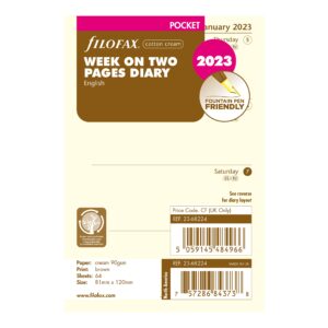 filofax refill, pocket size, week-to-view, cotton cream paper, unruled, english, 2023 (68224-2018)