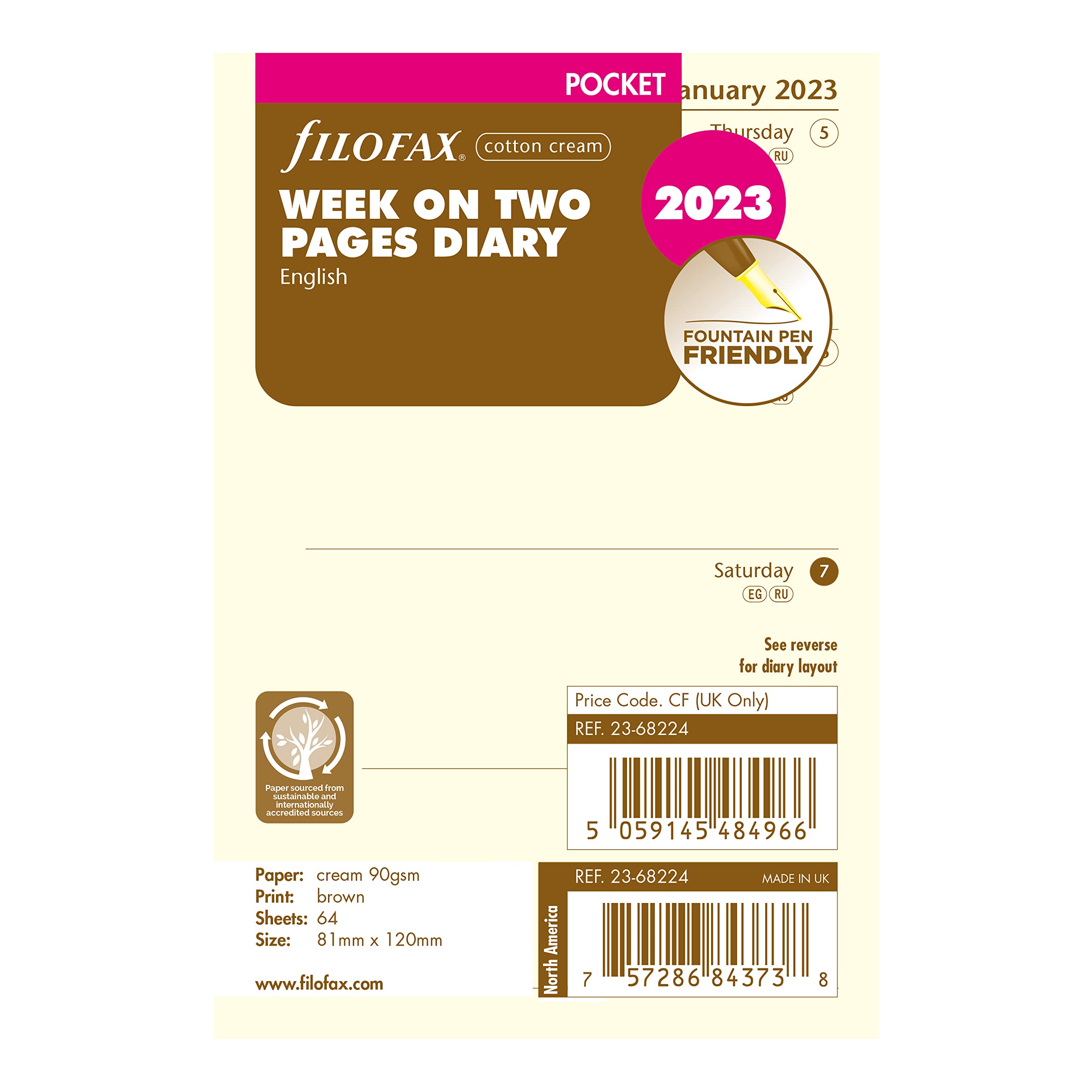 Filofax Refill, Pocket Size, Week-to-View, Cotton Cream Paper, Unruled, English, 2023 (68224-2018)