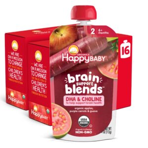 happy baby organics brain support blends apples, purple carrots & guava with dha and choline 4oz pouch (pack of 16)