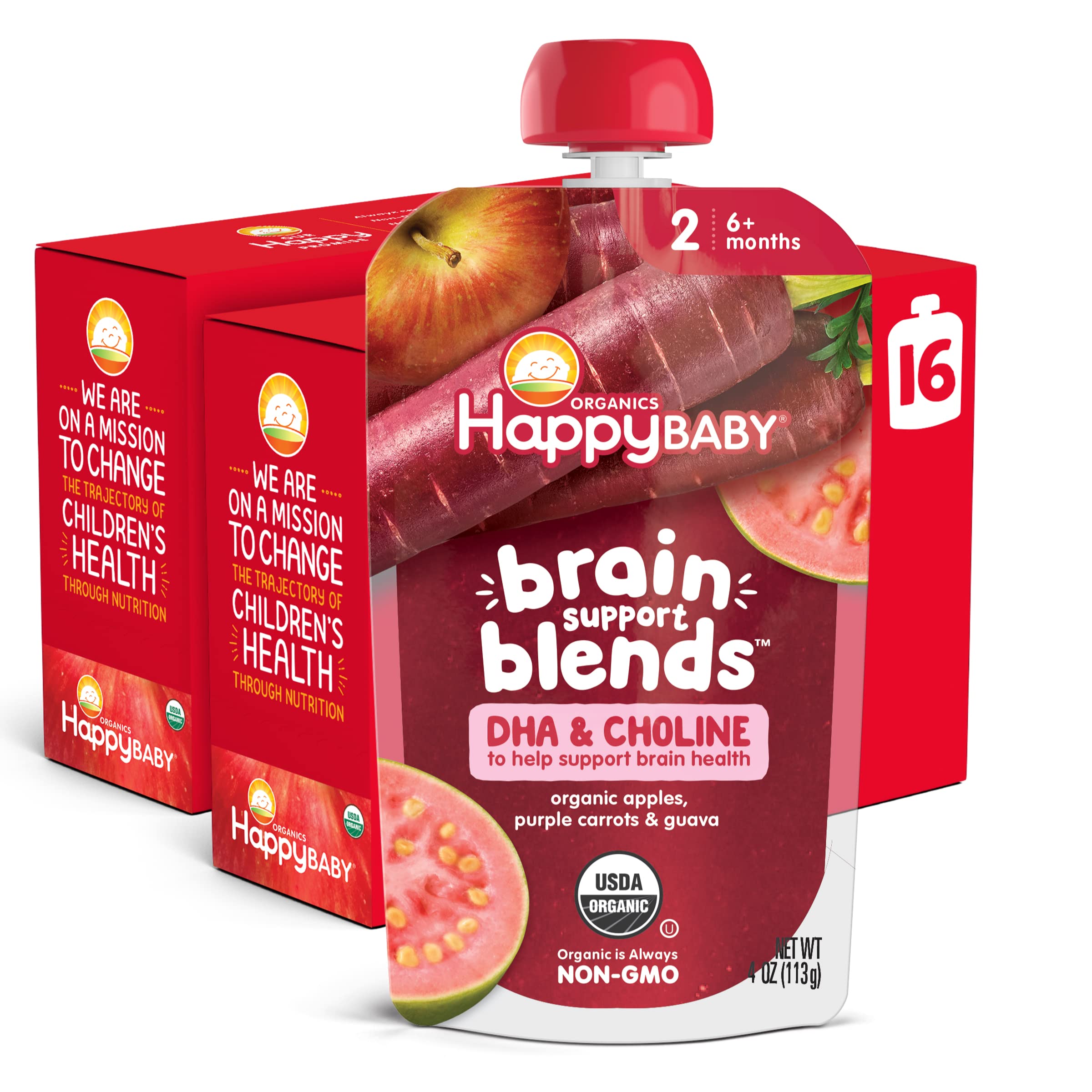 Happy Baby Organics Brain Support Blends Apples, Purple Carrots & Guava with DHA and Choline 4oz Pouch (Pack of 16)