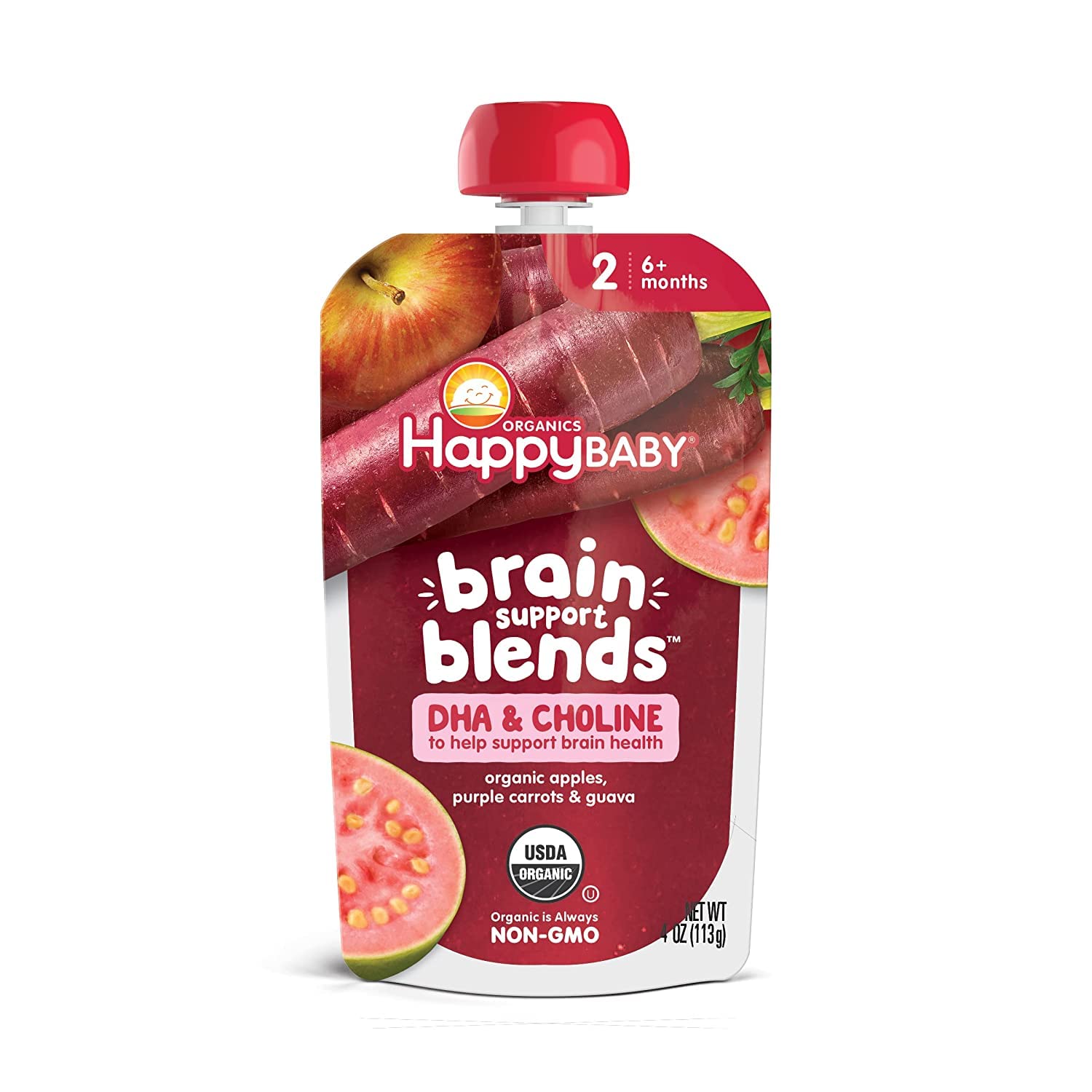 Happy Baby Organics Brain Support Blends Apples, Purple Carrots & Guava with DHA and Choline 4oz Pouch (Pack of 16)