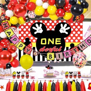 PYCALOW Mickey 1st Birthday Party Supplies - Mickey Theme Mouse Party Decorations Include Backdrop, Balloon Garland Arch, Welcome Sign Door Hanger, Banner, Crown, Balloon Box, Cake Toppers